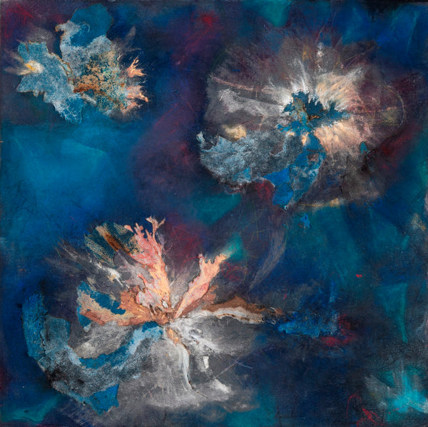 Abstract mixed media painting with flowers in blue, orange, and purple colors