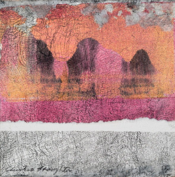 Sunset's Veil, monotype print with collage on wood panel by Cerulean Arts Collective Member Christine Stoughton