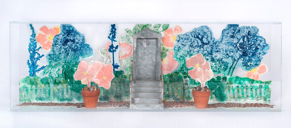 Decorative assemblage of monotypes with a garden scene featuring flowers, a door with stairs, and potted plants.