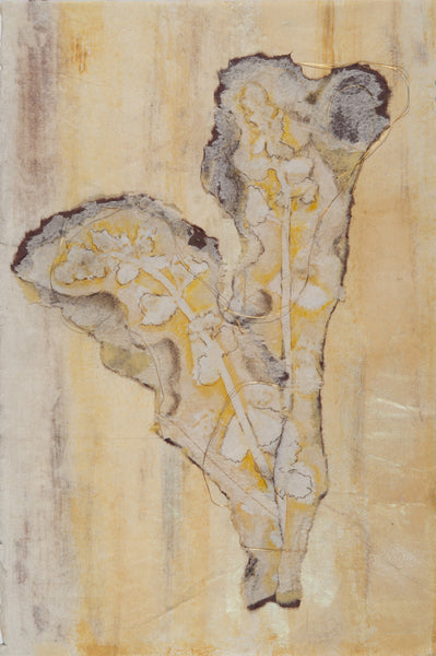 Abstract mixed media artwork with the imprint of flowers on a textured beige background