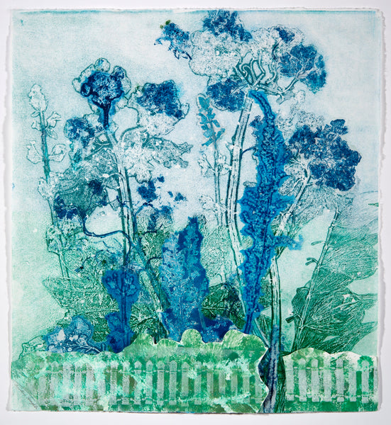 Abstract monotype with collage of blue and green floral and leaf patterns on a textured background