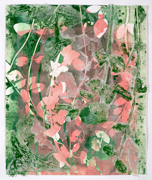 Collage of pink and green floral and leaf patterns