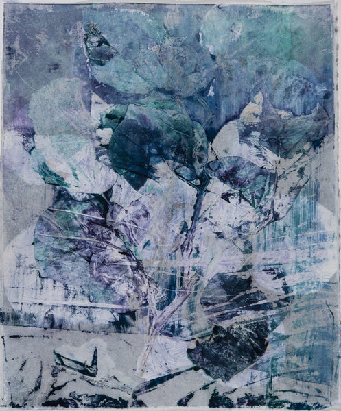 Abstract art piece with a blend of blue, green, and purple hues.