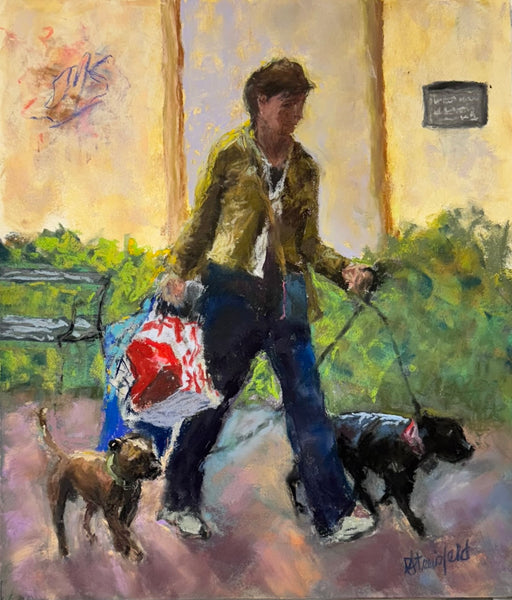 An impressionistic painting of a person walking two dogs on a leash in an outdoor urban setting, with a yellow wall, greenery, and a shopping bag visible.