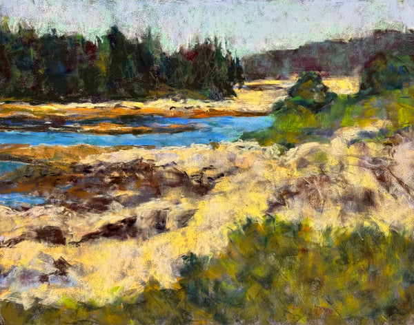 Impressionist landscape painting depicting a rocky shoreline with blue water, green and yellow vegetation, and dark trees under a pale sky.