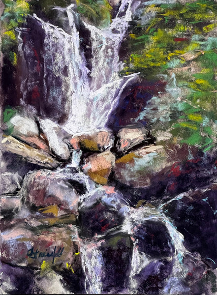Impressionistic pastel painting of a waterfall cascading over dark rocks, with green foliage at the top right and a visible artist signature in the lower left corner.