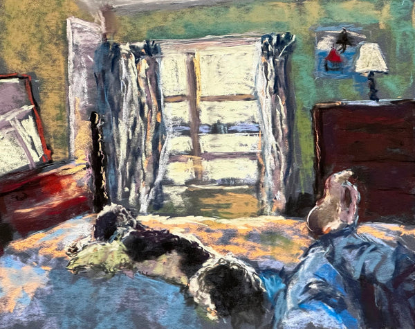 Pastel painting of a room with a window, furniture and a dog on a bed.
