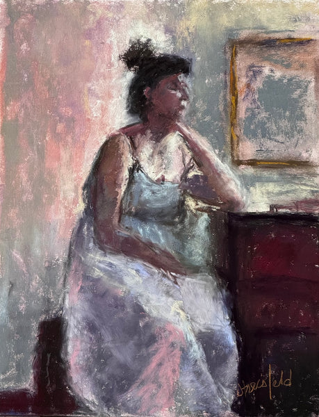 An impressionistic painting of a seated woman in a pale dress, rendered in soft pink, gray, brown, and white tones, with a dark cabinet and a framed picture in the background.