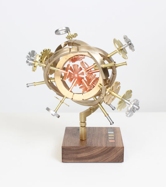 AstroObject [1d.x1], copper, brass, steel, aluminum and walnut sculpture by Philadelphia artist Kathleen Studebaker available at Cerulean Arts. 