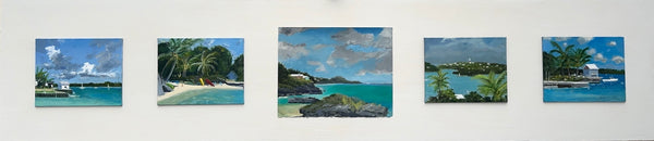 Five paintings of tropical landscapes with turquoise waters and palm trees on a white wall.