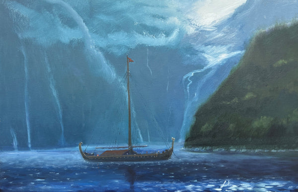 Anchored in the Shelter, oil on linen seascape painting by Cerulean Arts Collective Member Joseph Sweeney