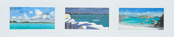 Three paintings of a tropical beach with clear blue water and white clouds.