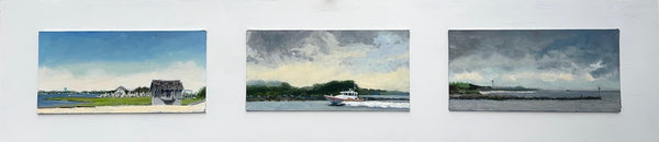 Three coastal scenes arranged side by side on a white background