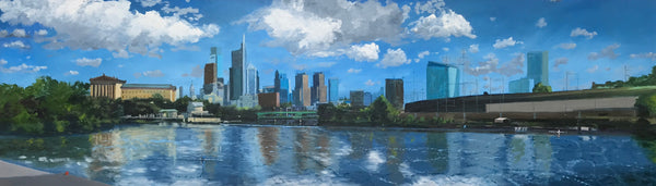 City Skyline, Philadelphia, oil on wood panel cityscape painting by Cerulean Arts Collective Member Joseph Sweeney