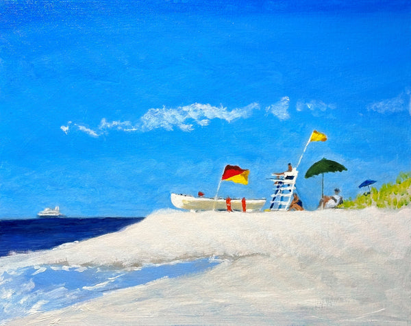 Flags at Cape May Point, acrylic on canvas panel painting by Cerulean Arts Collective Member Joseph Sweeney