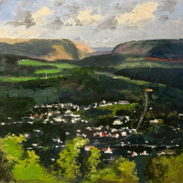 Lehigh River Gap, oil on masonite panel landscape painting by Cerulean Arts Collective Member Joseph Sweeney. 