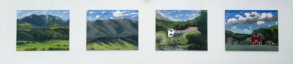 Four landscape paintings of a rural scene with mountains, fields, and houses.