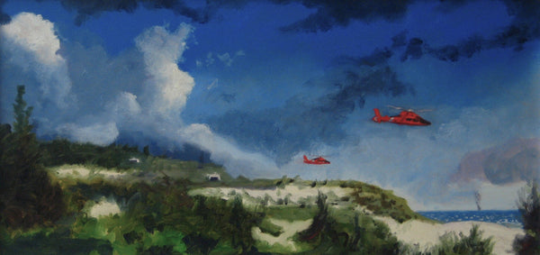 Painting of two red helicopters flying over a coastal landscape with greenery and a blue sky.