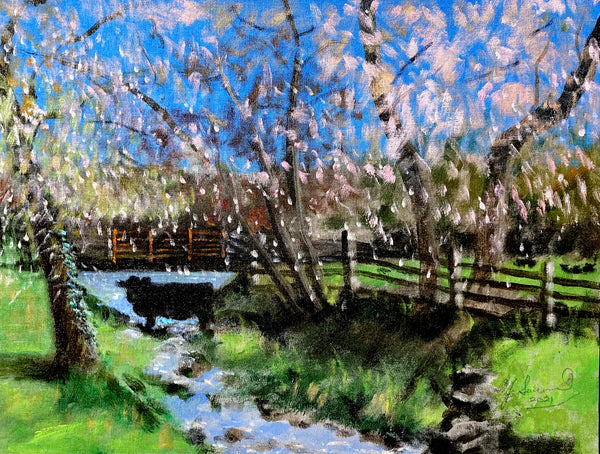 Standing in the Spring, acrylic on silk Fern Valley Farm landscape painting by Cerulean Arts Collective Member Joseph Sweeney.