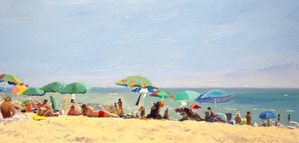 Umbrellas at the Cove, oil on canvas panel painting by Cerulean Arts Collective Member Joseph Sweeney