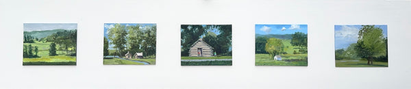 Five small paintings arranged in a row, each depicting a different landscape with trees and open spaces.