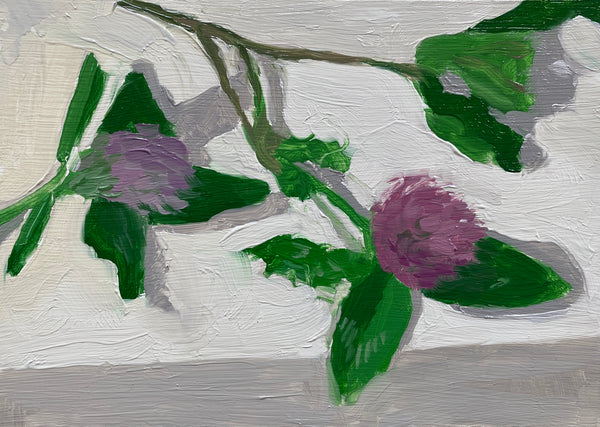 Painted branch with purple flowers and green leaves on a textured gray background