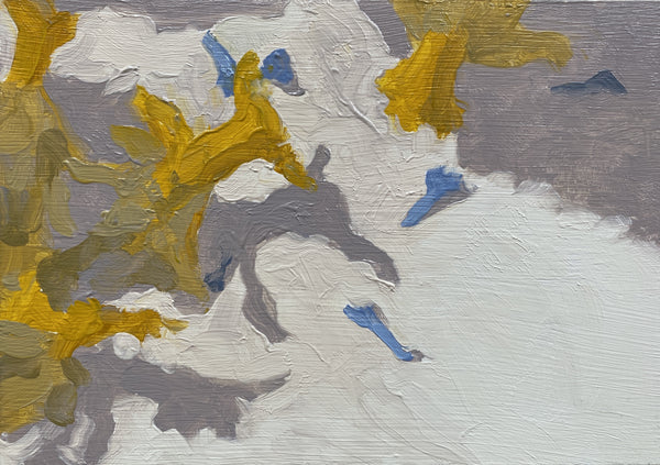 Abstract floral art with yellow, blue, and gray colors on a textured surface