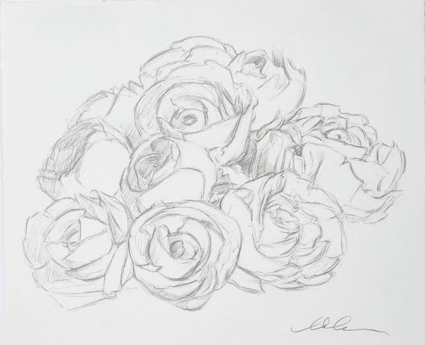 Peonies and Roses Study (Another View), graphite on paper drawing by Cerulean Arts Collective Member Allison Syvertsen.