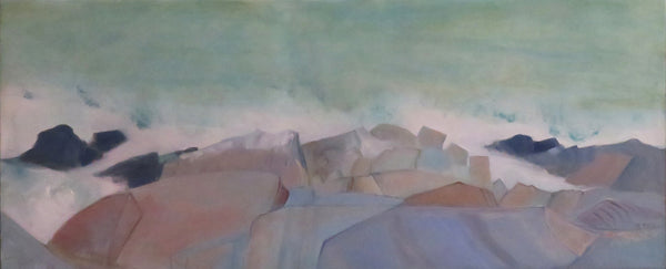 Abstract landscape painting with soft colors and shapes