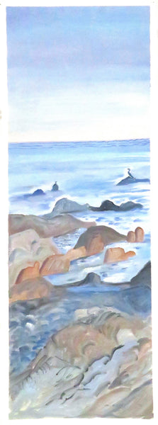 Oil painting of a coastal scene with rocks and water.