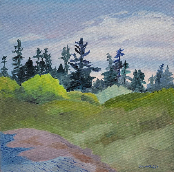 An impressionistic landscape painting featuring green hills, dark evergreen trees, a pale blue sky, and a small blue-and-tan patch in the lower left foreground.
