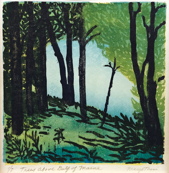 Woodcut print of a forest scene with trees and ground cover.