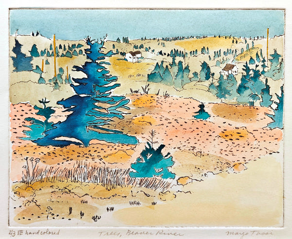 Hand colored etching of a landscape with blue trees and houses in the distance by Margo Tassi.