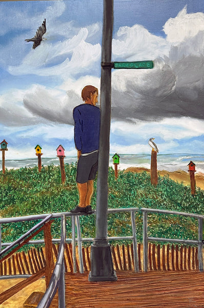 A Place to Park, oil on carved wood panel painting by Cerulean Arts Collective member Carol Taylor-Kearney.