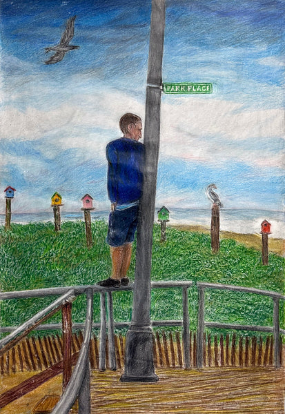 A Place to Park (color pencil), rubbing in color pencil on paper drawing by Cerulean Arts Collective member Carol Taylor-Kearney.
