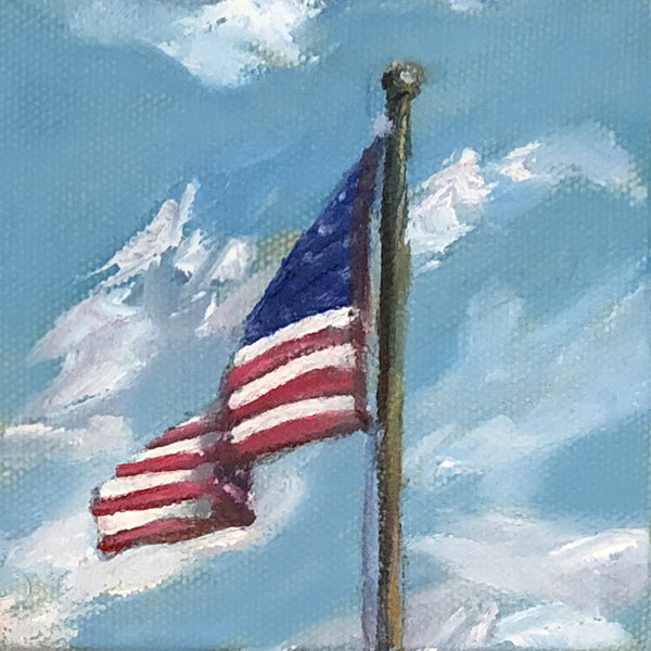 Oil on canvas painting depicting an American flag on a pole against a blue sky with clouds.