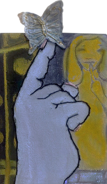 Butterfuly Hand, oil paint and transfer print on canvas painting with embroidered fabric butterfly by Cerulean Arts Collective Member Carol Taylor-Kearney