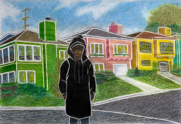 Condition to Think (based on Provincetown print), rubbing in color pencil on paper drawing by Cerulean Arts Collective member Carol Taylor-Kearney.