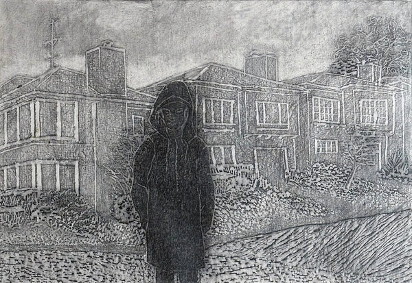 Condition to Think (BW), rubbing in graphite on tracing paper drawing by Cerulean Arts Collective member Carol Taylor-Kearney.