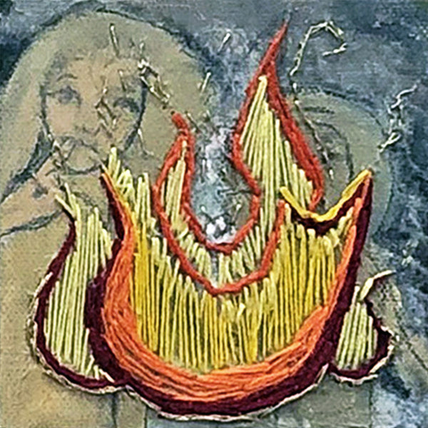 Flame, oil paint and transfer print with embroidery on canvas painting by Cerulean Arts Collective Member Carol Taylor-Kearney