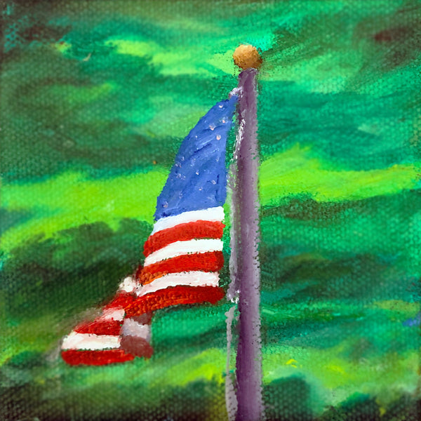 Oil on canvas painting depicting an American flag on a pole against a green streaked sky.