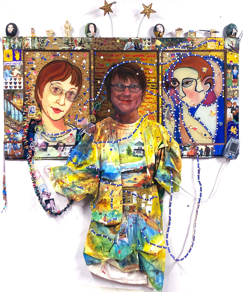 Me, Myself and I, reverse oil painting on window with collage, found and handmade objects and hand-painted t-shirt by Cerulean Arts Collective Member Carol Taylor-Kearney