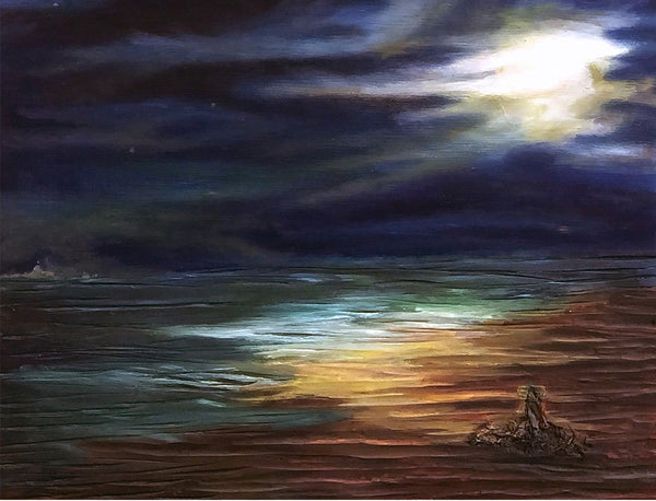 oil on carved wood panel painting depicting a beach scene at night with reddish sand, greenish water and a dark blue sky and bright white moon glow, reflected in the water.