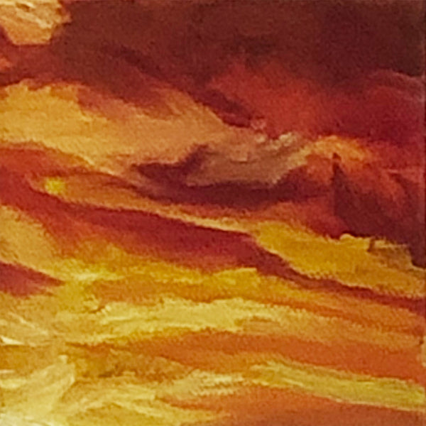 Oil on canvas painting depicting a dramatic orange and yellow sky.