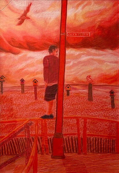 Parking in the Red, rubbing in color pencil on paper drawing by Cerulean Arts Collective member Carol Taylor-Kearney.