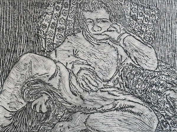 Restful Imagining (BW), rubbing from linoleum in graphite on paper drawing by Cerulean Arts Collective member Carol Taylor-Kearney.
