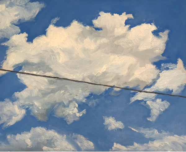 Oil painitng depicting white clouds in a blue sky.