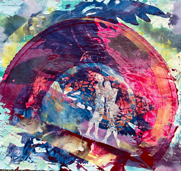 Abstract mixed-media painting featuring a large pink and red oval with two white silhouetted figures in the center, surrounded by layered blue, green, yellow, and black brushstrokes.