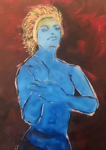 An expressive painting of a woman with arms crossed, rendered in vivid blue tones with warm yellow-gold hair against a dark red and black background.