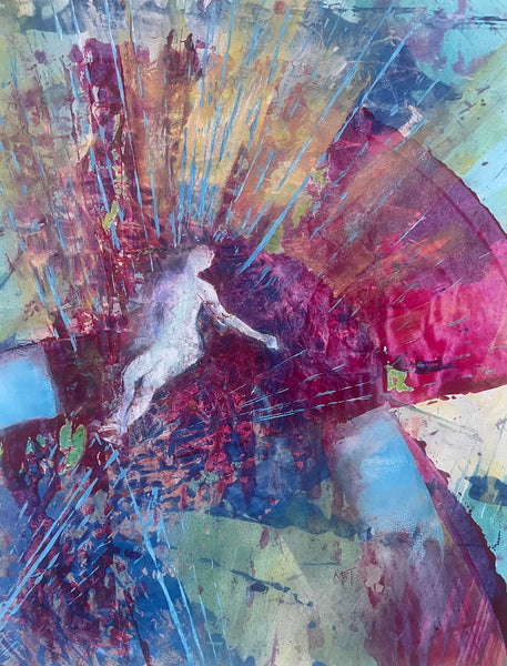 Abstract painting featuring a pale white human figure in motion, surrounded by expressive brushstrokes and drips in red, purple, blue, yellow, and green tones.